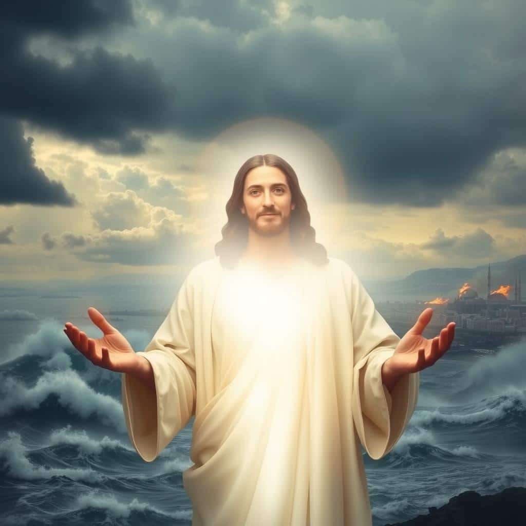 A serene, ethereal scene depicting the peace of Christ amidst a troubled world. In the foreground, a tranquil figure of Jesus, his face radiating a gentle, compassionate expression, hands outstretched in a gesture of benediction. The middle ground features a landscape in turmoil - dark clouds, raging waves, and a city in the distance engulfed in chaos. Yet, a soft, heavenly light emanates from Jesus, casting a soothing glow that calms the turbulent surroundings. The background is a vast, boundless sky, hinting at the eternal, transcendent nature of Christ's peace. Cinematic lighting and a slightly elevated, three-quarter angle create an iconic, reverent atmosphere.