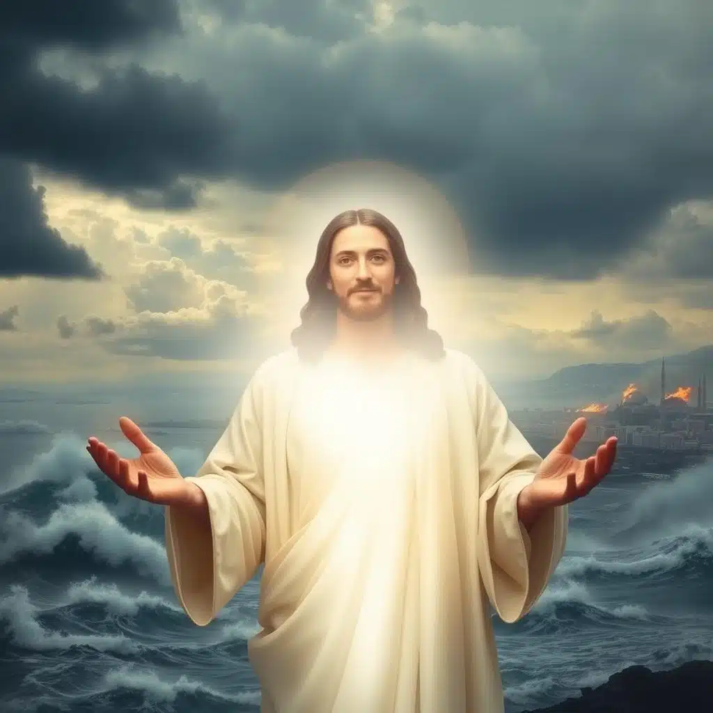 A serene, ethereal scene depicting the peace of Christ amidst a troubled world. In the foreground, a tranquil figure of Jesus, his face radiating a gentle, compassionate expression, hands outstretched in a gesture of benediction. The middle ground features a landscape in turmoil - dark clouds, raging waves, and a city in the distance engulfed in chaos. Yet, a soft, heavenly light emanates from Jesus, casting a soothing glow that calms the turbulent surroundings. The background is a vast, boundless sky, hinting at the eternal, transcendent nature of Christ's peace. Cinematic lighting and a slightly elevated, three-quarter angle create an iconic, reverent atmosphere.