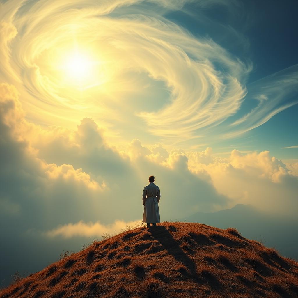 A serene landscape with a solitary figure standing on a hilltop, gazing out over a vast, ethereal landscape. The figure is bathed in a warm, golden light, symbolizing the inner illumination of the individuation process. In the background, a swirling, dreamlike sky with clouds that seem to shift and morph, representing the subconscious and the transformative journey of self-discovery. The entire scene is imbued with a sense of tranquility and contemplation, inviting the viewer to embark on their own personal odyssey of spiritual evolution.
