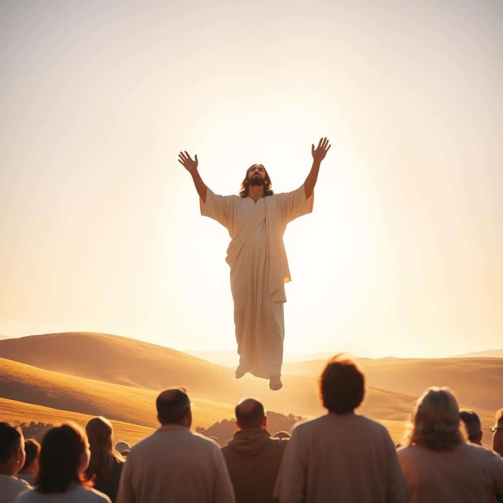 A serene landscape with rolling hills and a clear sky, bathed in warm, golden sunlight. In the foreground, a majestic figure of Jesus Christ, hands raised in a gesture of blessing, as he ascends towards the heavens, surrounded by a halo of divine light. His disciples, awestruck and reverent, gaze upwards, witnessing the miraculous event. The scene evokes a sense of wonder, transcendence, and the profound mystery of the Ascension, as depicted in the Gospel of Luke 24:46-53.