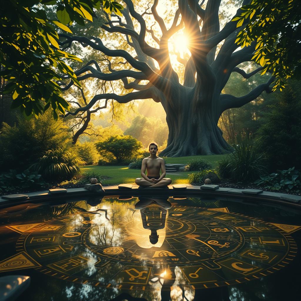 A serene meditation garden, illuminated by soft, golden sunlight filtering through lush foliage. In the foreground, a tranquil pond reflects the intricate patterns of Jungian archetypes and symbols, representing the subconscious mind. In the middle ground, a figure sits in a contemplative pose, eyes closed, embodying the intersection of Jungian and karmic awareness. The background features a towering, ancient tree, its branches reaching skyward, symbolizing the connection between the individual and the cosmic order. The overall atmosphere is one of introspection, balance, and a deep, meditative connection with the universal energies of the mind and spirit.