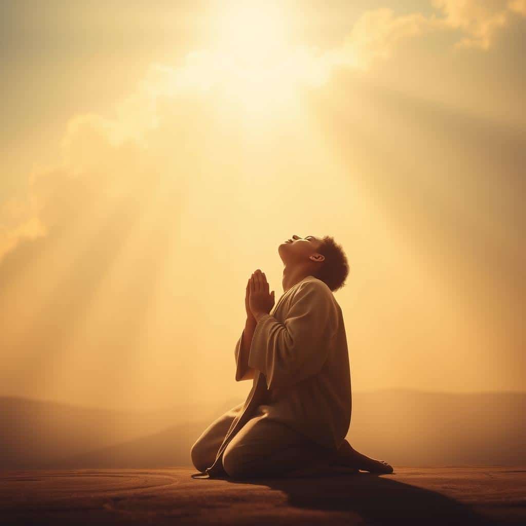 A serene scene of a devout figure kneeling in prayer, their hands clasped in reverence, surrounded by an ethereal glow. The background is a tranquil, heavenly landscape with rays of divine light filtering through wispy clouds. The figure's expression is one of deep contemplation, their face lifted towards the heavens in an ascension of the spirit. Warm, soft lighting bathes the scene, creating a sense of sacred, contemplative atmosphere. The composition is balanced, with the figure positioned centrally, drawing the viewer's focus. The overall tone is one of spiritual transcendence and devotion.