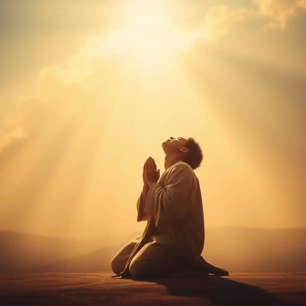 A serene scene of a devout figure kneeling in prayer, their hands clasped in reverence, surrounded by an ethereal glow. The background is a tranquil, heavenly landscape with rays of divine light filtering through wispy clouds. The figure's expression is one of deep contemplation, their face lifted towards the heavens in an ascension of the spirit. Warm, soft lighting bathes the scene, creating a sense of sacred, contemplative atmosphere. The composition is balanced, with the figure positioned centrally, drawing the viewer's focus. The overall tone is one of spiritual transcendence and devotion.
