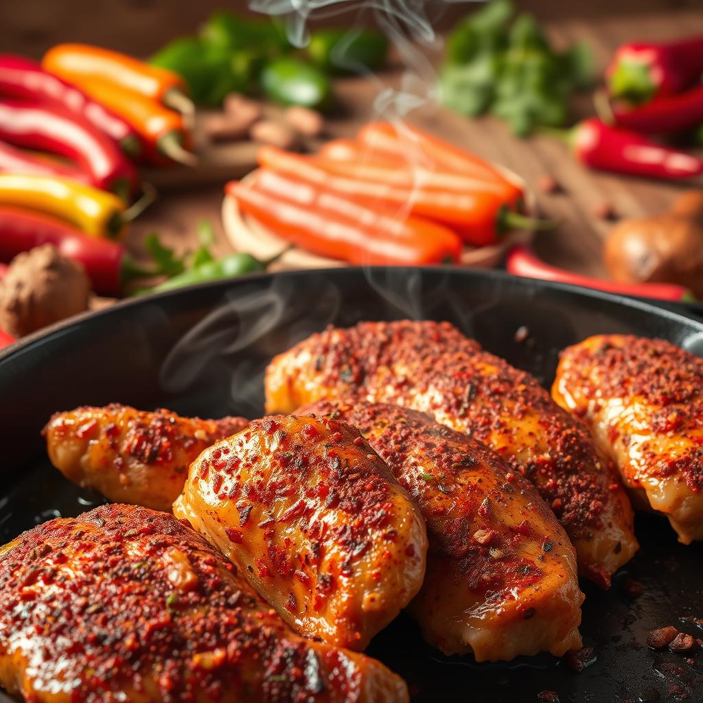 A sizzling array of spicy chicken dishes, captured in vivid detail. In the foreground, juicy chicken breasts coated in a fiery, rubbed seasoning, seared to perfection on a cast-iron skillet. Wisps of aromatic smoke curl upwards, hinting at the bold flavors within. In the middle ground, a vibrant array of chili peppers, from ruby-red jalapeños to fiery habaneros, ready to add varying levels of heat. The background features a rustic, wooden table, with a scattering of fresh herbs and a drizzle of vibrant, chili-infused oil, setting the stage for a mouthwatering, intensely flavorful feast. Warm, directional lighting casts dynamic shadows, heightening the sense of depth and texture. Capture the essence of spicy chicken recipes that will tantalize the taste buds of any heat-loving enthusiast.
