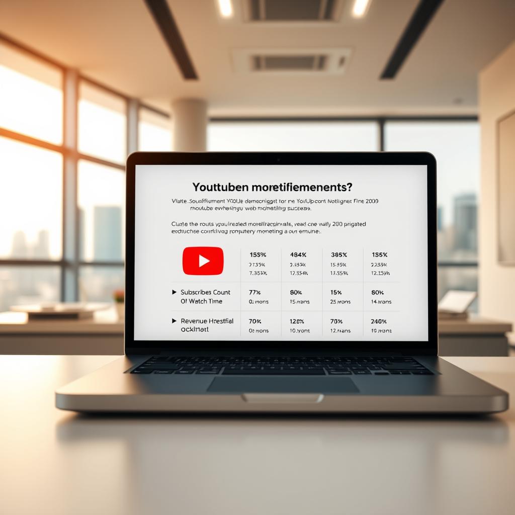 A sleek, modern office setting with a clean, minimalist aesthetic. In the foreground, a laptop screen displays the YouTube monetization requirements, showcasing key metrics such as subscriber count, watch time, and revenue thresholds. The middle ground features a neatly organized desk with a stylized "YouTube" logo, highlighting the platform's branding. The background is a vibrant, out-of-focus cityscape, suggesting the global reach and scale of the YouTube ecosystem. Warm, diffused lighting creates a professional, aspirational atmosphere, inviting the viewer to explore the path to YouTube monetization success.