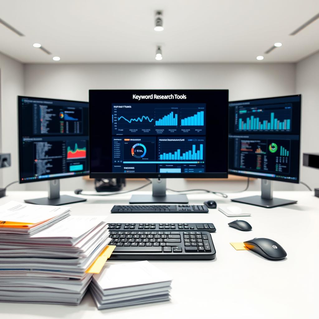 A sleek, modern workspace with a central desk and multiple computer monitors displaying various keyword research tools. The lighting is bright and even, creating a productive and focused atmosphere. In the foreground, neatly organized stacks of research materials, sticky notes, and a high-quality keyboard and mouse. The middle ground features a prominent digital display showcasing data visualizations and key metrics for the selected keyword research tools. The background blurs into a minimalist, neutral-toned setting, allowing the tools and data to take center stage.