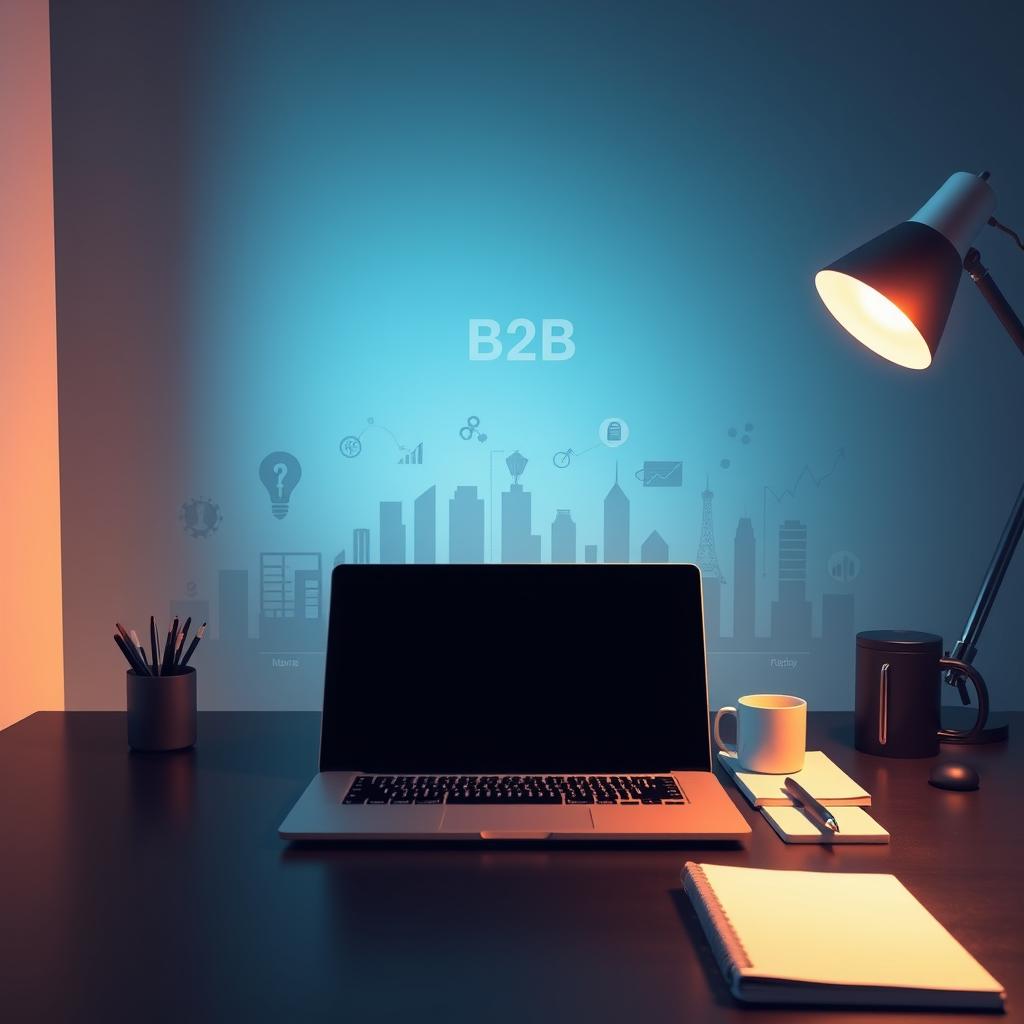 A sleek, professional-looking desktop workspace with a modern, minimalist design. In the foreground, a laptop and office supplies like a pen, notebook, and coffee mug are neatly arranged. The middle ground features various icons and silhouettes representing business concepts such as data analysis, financial planning, and digital marketing. In the background, a sophisticated gradient of blues and grays creates a polished, corporate atmosphere. Subtle lighting casts a warm, productive glow over the scene. The overall composition conveys a sense of efficiency, expertise, and the high-caliber nature of B2B and professional services.