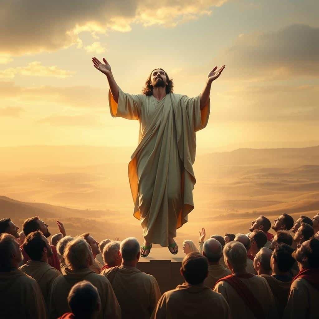 A solemn, reverential scene of the Ascension of the Lord, Cycle C. In the foreground, a majestic Jesus Christ, resplendent in flowing robes, ascends heavenward, his arms outstretched in blessing. Surrounding him, a gathering of awestruck apostles and disciples, their faces upturned in reverence. The middle ground is bathed in a soft, golden light, evoking a sense of the divine. In the distant background, a panoramic vista of rolling hills and a vast, boundless sky, symbolizing the eternal nature of this sacred event. The overall mood is one of reverence, solemnity, and the triumph of Christ's victory over death.