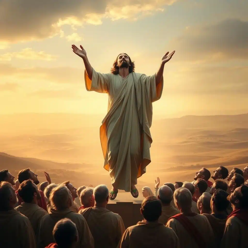 A solemn, reverential scene of the Ascension of the Lord, Cycle C. In the foreground, a majestic Jesus Christ, resplendent in flowing robes, ascends heavenward, his arms outstretched in blessing. Surrounding him, a gathering of awestruck apostles and disciples, their faces upturned in reverence. The middle ground is bathed in a soft, golden light, evoking a sense of the divine. In the distant background, a panoramic vista of rolling hills and a vast, boundless sky, symbolizing the eternal nature of this sacred event. The overall mood is one of reverence, solemnity, and the triumph of Christ's victory over death.