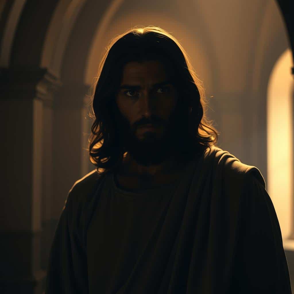 A somber yet serene depiction of Jesus Christ, standing amidst a tranquil, dimly lit indoor setting, his gaze fixed with a look of reassurance and compassion. The figure is illuminated by a soft, warm light emanating from behind, casting a subtle halo effect. The background features muted, earthy tones, with hints of architectural details suggesting an intimate, sacred space. The overall composition conveys a sense of intimacy and the imparting of a profound spiritual message, fitting the context of Jesus' promise of the Holy Spirit.