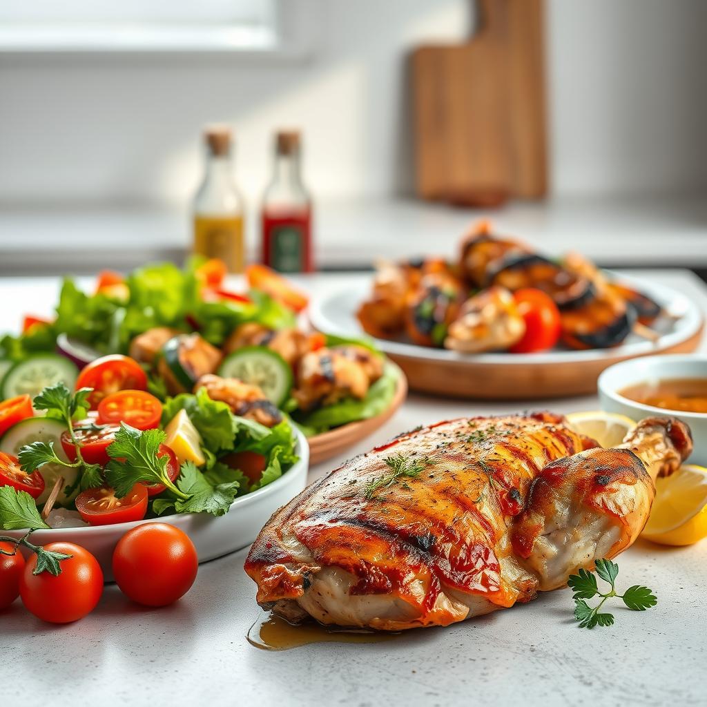 A stylish and appetizing still life showcasing an array of low-carb chicken dishes. In the foreground, a succulent roasted chicken breast with crispy skin, garnished with fresh herbs and lemon wedges. Alongside, a colorful salad featuring juicy cherry tomatoes, crunchy cucumber slices, and a drizzle of a tangy vinaigrette. In the middle ground, a plate of grilled chicken skewers marinated in a savory blend of spices, accompanied by a side of roasted vegetables. In the background, a minimalist kitchen counter with a few simple condiments and a cutting board, bathed in warm, natural lighting that enhances the textures and vibrant colors of the culinary creations.