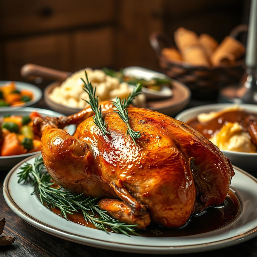 A sumptuous feast of special occasion chicken dishes, captured in a warm, inviting light. In the foreground, a beautifully roasted chicken, golden-brown skin glistening, garnished with sprigs of fragrant rosemary. In the middle ground, an array of sides - creamy mashed potatoes, sautéed vegetables, and a rich, savory gravy. The background features a cozy, rustic setting, with wooden accents and a subtle, earthy palette, creating a sense of comfort and celebration. The composition is balanced, with the chicken taking center stage, surrounded by the supporting cast of delectable accompaniments. An image that evokes the feeling of a special, memorable meal, perfect for a heartwarming family gathering or a elegant dinner party.