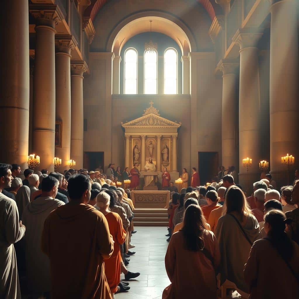 A sun-dappled interior of an early Christian basilica, the warm glow of candlelight illuminating a gathering of worshippers united in prayer. In the foreground, figures dressed in flowing robes kneel in humble reverence, their faces reflecting the solemnity and devotion of the moment. The middle ground features a central altar adorned with intricate carvings, surrounded by congregants of diverse ages and backgrounds, their expressions conveying a sense of harmony and shared purpose. In the background, towering columns and arched windows let in soft, diffused light, creating an atmosphere of tranquility and timelessness. The scene evokes the spirit of the early church, where believers came together in a spirit of community and steadfast faith, overcoming differences to find strength in their common devotion.