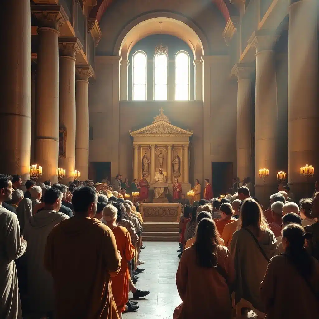 A sun-dappled interior of an early Christian basilica, the warm glow of candlelight illuminating a gathering of worshippers united in prayer. In the foreground, figures dressed in flowing robes kneel in humble reverence, their faces reflecting the solemnity and devotion of the moment. The middle ground features a central altar adorned with intricate carvings, surrounded by congregants of diverse ages and backgrounds, their expressions conveying a sense of harmony and shared purpose. In the background, towering columns and arched windows let in soft, diffused light, creating an atmosphere of tranquility and timelessness. The scene evokes the spirit of the early church, where believers came together in a spirit of community and steadfast faith, overcoming differences to find strength in their common devotion.