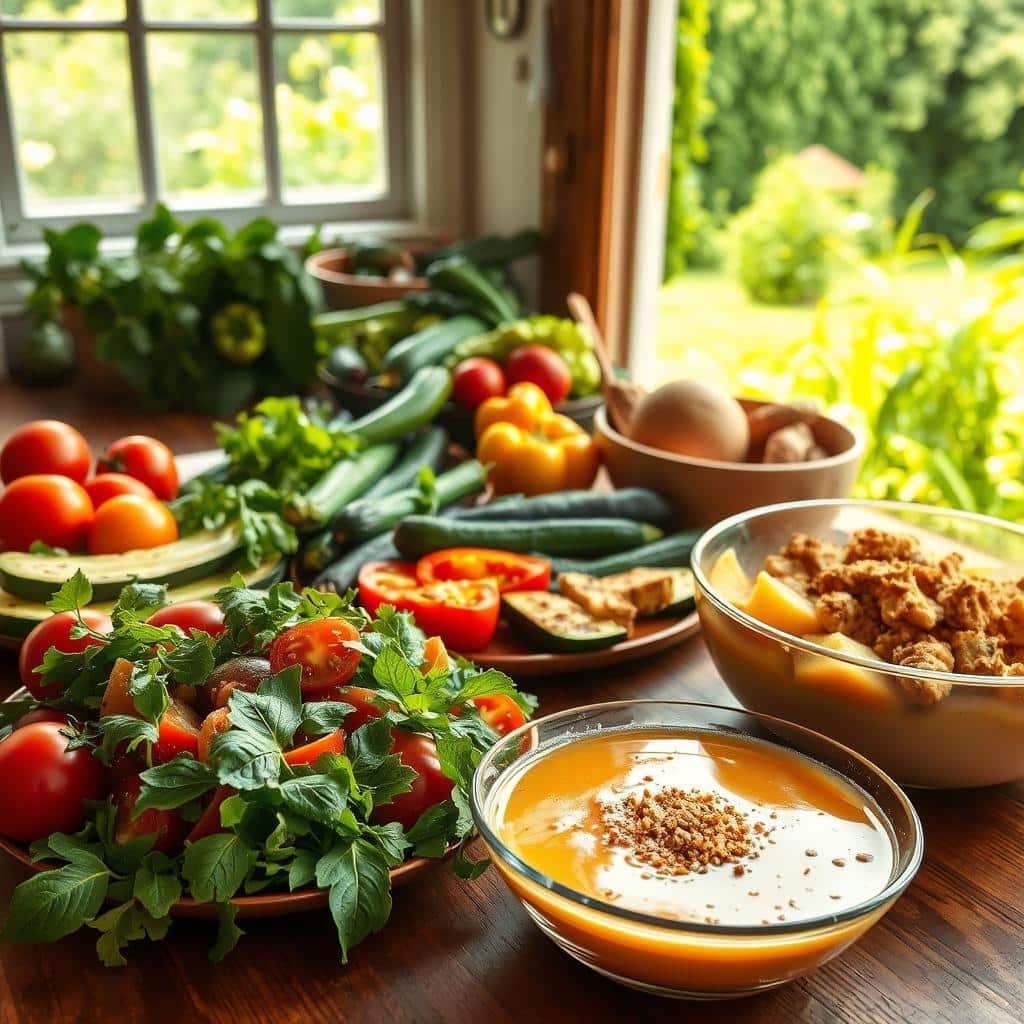 A sun-dappled kitchen filled with an array of fresh, seasonal produce and simple, rustic dishes. In the foreground, a wooden table is adorned with a vibrant salad of juicy heirloom tomatoes, crisp greens, and fragrant basil, dressed in a light vinaigrette. Beside it, a platter of grilled vegetables - zucchini, bell peppers, and eggplant - drizzled with olive oil and sprinkled with coarse salt. In the middle ground, a large bowl of chilled melon gazpacho, its cool, creamy texture contrasting with the crunch of toasted breadcrumbs. In the background, a window frames a lush, verdant garden, casting a warm, golden glow on the scene. The overall mood is one of simple, seasonal abundance - a celebration of the best of summer's bounty.