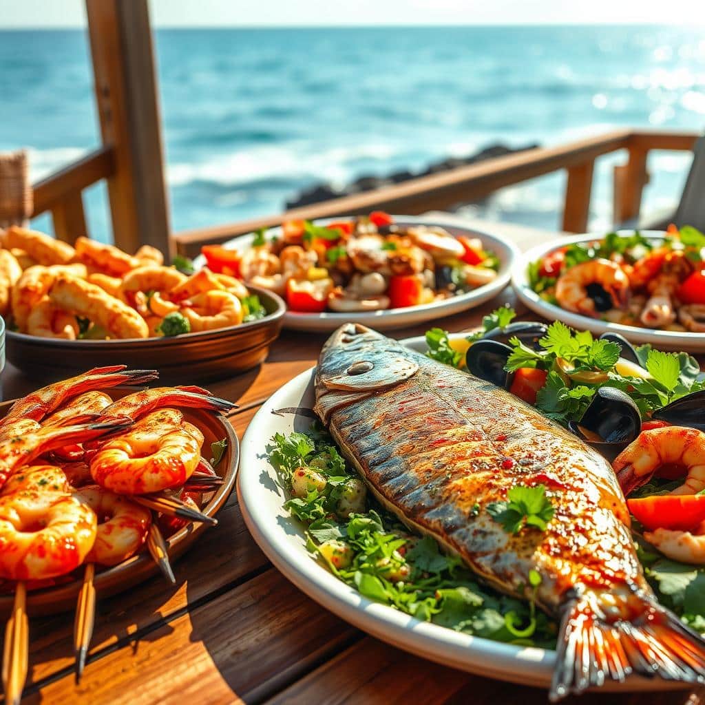 A sun-drenched coastal scene with a wooden table laden with a bountiful array of summer seafood dishes. In the foreground, juicy grilled shrimp skewers sizzle, their charred edges glistening. Alongside, a vibrant seafood salad overflows with tender calamari, plump mussels, and succulent crab meat, accented by crisp vegetables and a light citrus dressing. In the middle ground, a glistening whole grilled fish rests upon a bed of fresh herbs, its skin delicately crisp. In the background, a glimpse of the azure ocean waves and a cloudless sky, capturing the essence of a perfect summer day. Warm, diffused lighting casts a golden glow, enhancing the mouthwatering appeal of this al fresco feast.
