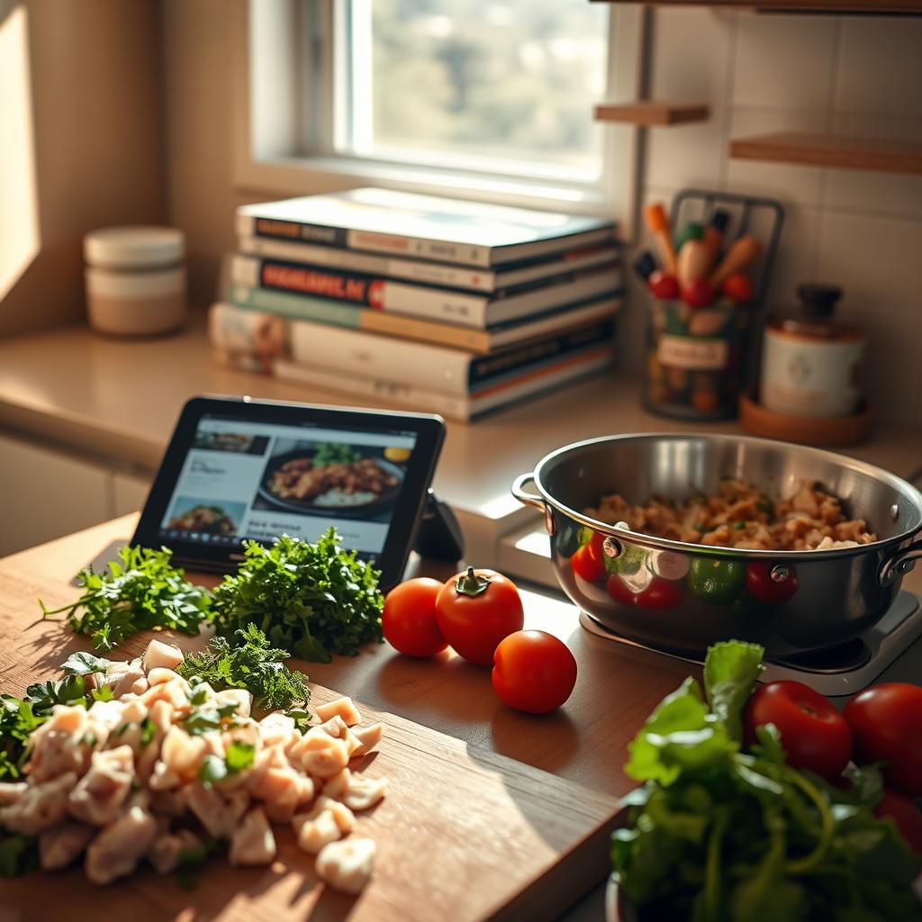 A sun-drenched kitchen counter, with freshly prepped ingredients for quick and easy chicken recipes. In the foreground, a cutting board displays diced chicken, fresh herbs, and vibrant vegetables. A stainless steel pan sizzles with sautéed onions and garlic, releasing an enticing aroma. In the middle ground, a stack of recipe books and a tablet display mouthwatering images of delectable chicken dishes. Warm, directional lighting casts a soft glow, accentuating the natural textures and colors. The overall atmosphere is one of efficiency, simplicity, and the promise of a delicious, home-cooked meal in a matter of minutes.