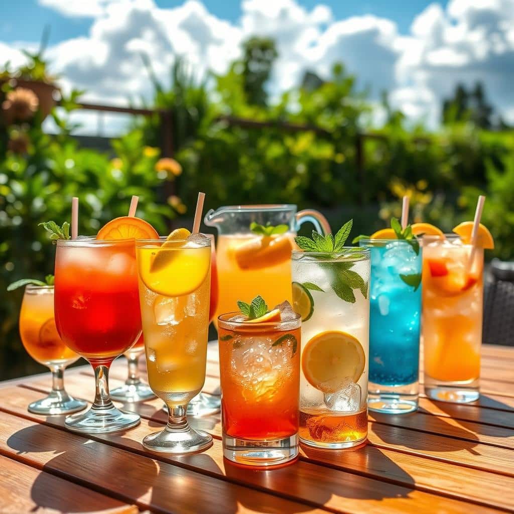 A sun-drenched outdoor scene, with a wooden table set with a variety of refreshing summer drinks. In the foreground, an array of colorful cocktails, mocktails, and fruit-infused waters, adorned with fresh citrus slices, mint sprigs, and ice cubes that glisten in the warm light. In the middle ground, a pitcher of lemonade or iced tea, condensation beading on the glass, surrounded by tall glasses filled with the chilled beverages. In the background, a lush, verdant garden or patio setting, with a hint of a blue sky and fluffy white clouds overhead, creating a tranquil, relaxing atmosphere. The lighting is soft and natural, casting a warm, inviting glow over the scene, and the overall composition is balanced and visually appealing.