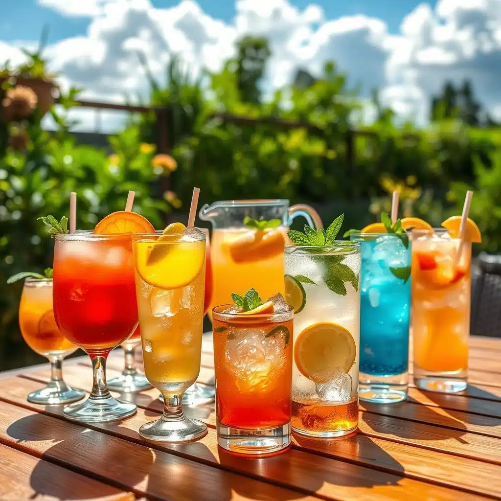 A sun-drenched outdoor scene, with a wooden table set with a variety of refreshing summer drinks. In the foreground, an array of colorful cocktails, mocktails, and fruit-infused waters, adorned with fresh citrus slices, mint sprigs, and ice cubes that glisten in the warm light. In the middle ground, a pitcher of lemonade or iced tea, condensation beading on the glass, surrounded by tall glasses filled with the chilled beverages. In the background, a lush, verdant garden or patio setting, with a hint of a blue sky and fluffy white clouds overhead, creating a tranquil, relaxing atmosphere. The lighting is soft and natural, casting a warm, inviting glow over the scene, and the overall composition is balanced and visually appealing.