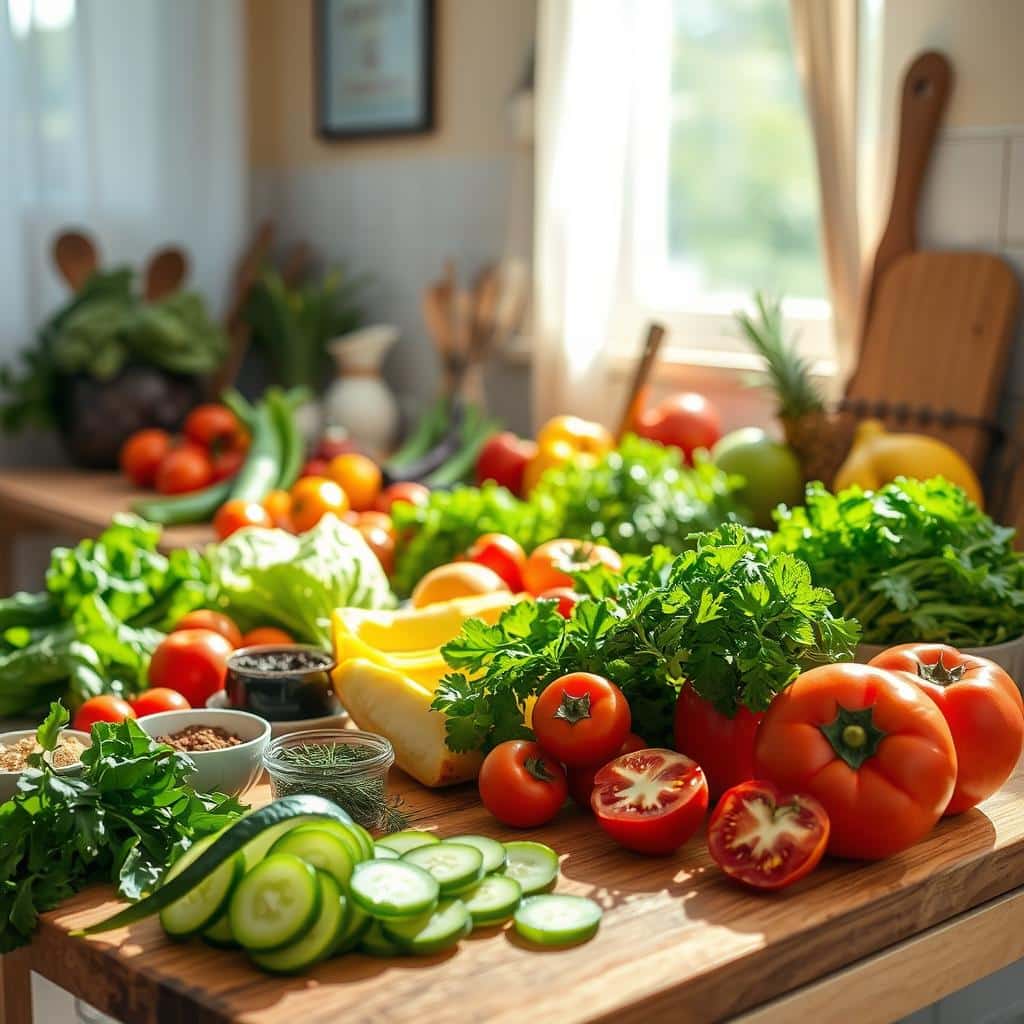 A sunlit kitchen counter overflows with fresh, colorful ingredients - vibrant vegetables, juicy fruits, crisp greens. Delicate herbs and spices are arranged in small bowls, their aromas mingling in the warm summer breeze. Subtle natural lighting filters through sheer curtains, casting a soft, golden glow over the scene. In the foreground, a wooden cutting board displays neatly sliced produce, ready to be transformed into light, flavorful dishes. The overall atmosphere is one of ease, simplicity and the bounty of the season - a perfect setting for crafting wholesome, summer-inspired recipes.