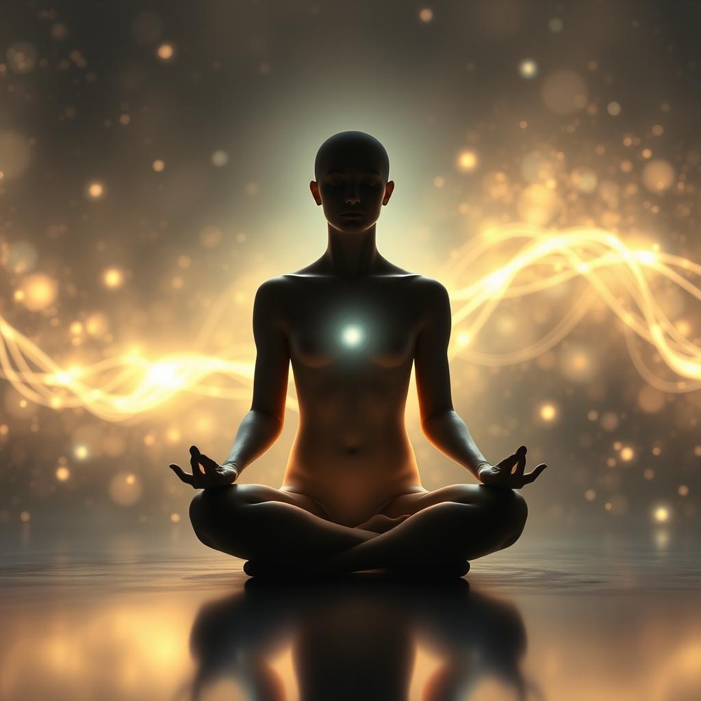 A tranquil, ethereal scene depicting the intersection of quantum physics and consciousness. In the foreground, a serene figure sits in a meditative pose, their aura emanating an otherworldly glow. The background is a swirling, shimmering tapestry of quantum waveforms and energy fields, hinting at the fundamental interconnectedness of the physical and the metaphysical. Soft, diffused lighting casts an introspective, contemplative mood, as if inviting the viewer to ponder the mysteries of the universe. A sense of harmony and balance pervades the scene, suggesting the potential for reconciling scientific and spiritual perspectives on the nature of consciousness.