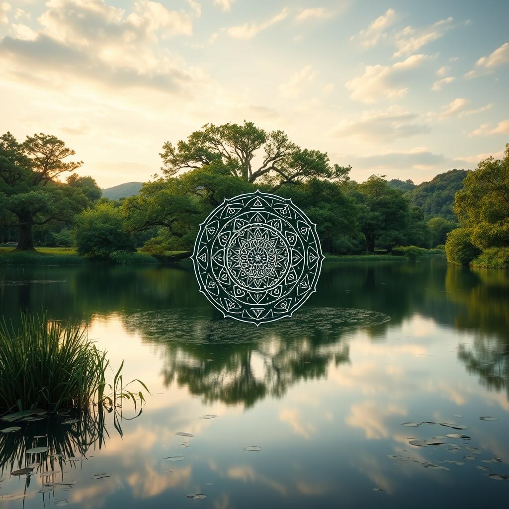 A tranquil landscape with a serene pond reflecting the sky, surrounded by lush green foliage and ancient trees. In the center, a large, intricate mandala-like symbol emerges from the water, its intricate patterns and symbols representing the cyclical nature of karma. Soft, warm lighting illuminates the scene, creating a sense of contemplation and inner peace. The image conveys the idea of karma as a profound, interconnected cosmic force, beyond simple cause and effect.