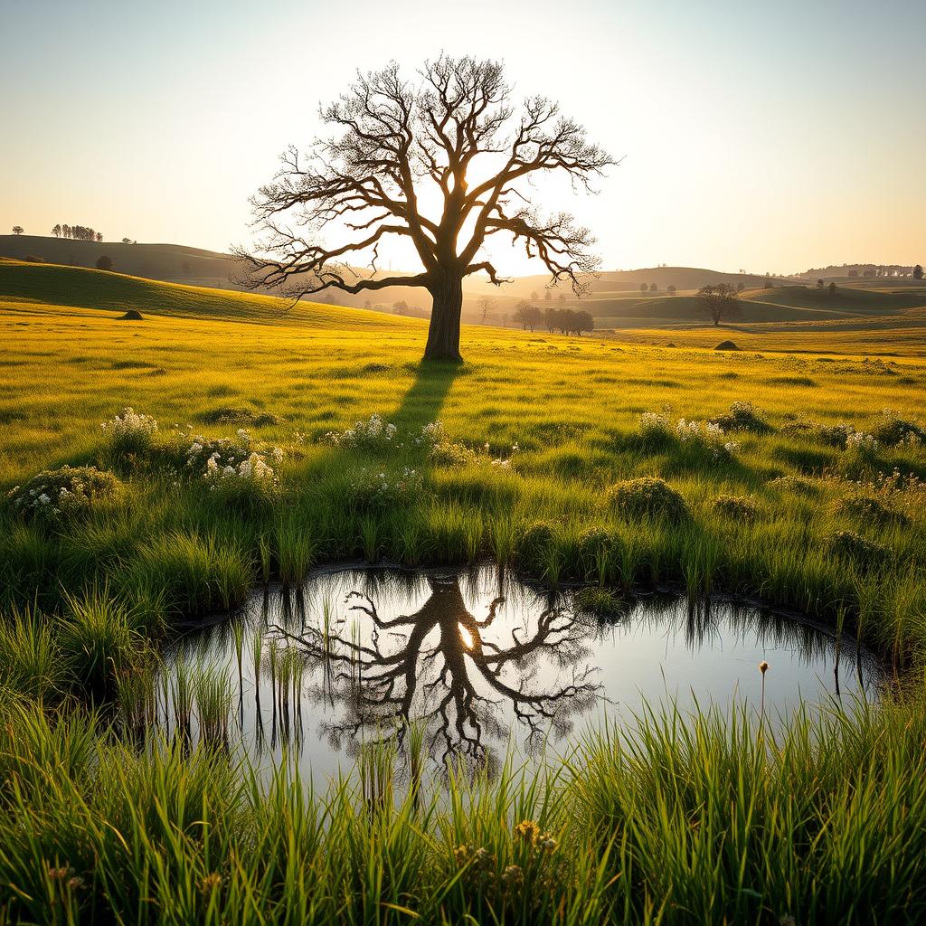 A tranquil meadow bathed in the soft, golden glow of the afternoon sun. In the foreground, a serene pond reflects the verdant landscape, its calm waters mirroring the swaying grasses and blooming wildflowers. A lone, weathered oak tree stands in the middle distance, its branches reaching out as if embracing the scene. In the background, rolling hills dotted with trees recede into the distance, creating a sense of depth and peacefulness. The overall mood is one of quiet contemplation, inviting the viewer to pause and find solace in the beauty of nature.