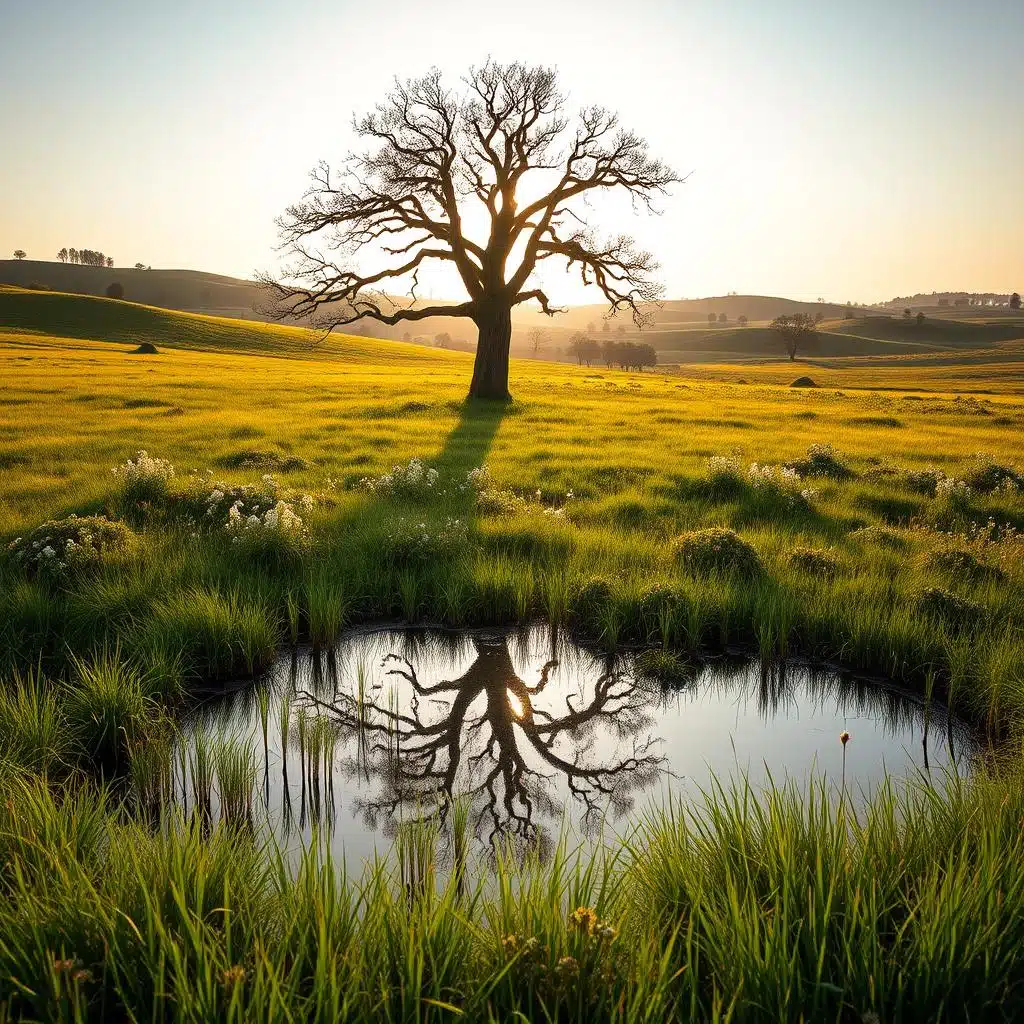A tranquil meadow bathed in the soft, golden glow of the afternoon sun. In the foreground, a serene pond reflects the verdant landscape, its calm waters mirroring the swaying grasses and blooming wildflowers. A lone, weathered oak tree stands in the middle distance, its branches reaching out as if embracing the scene. In the background, rolling hills dotted with trees recede into the distance, creating a sense of depth and peacefulness. The overall mood is one of quiet contemplation, inviting the viewer to pause and find solace in the beauty of nature.