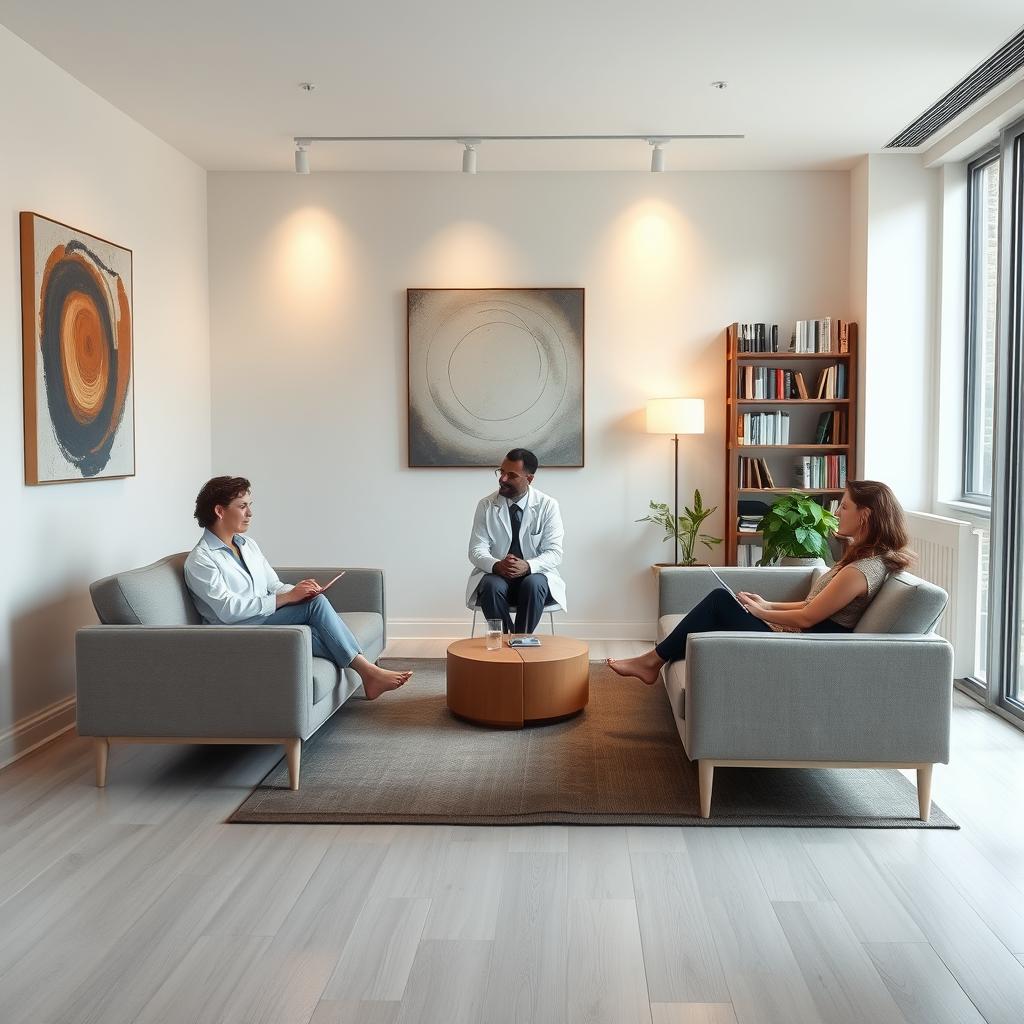 A tranquil, modern therapeutic space with clean lines and natural lighting. Clients relax on minimalist sofas as a psychologist, dressed in professional attire, guides them through a session. The walls are adorned with abstract art and shelves lined with books, reflecting the practice's emphasis on Jungian psychology and Eastern philosophies. Soft, diffused illumination creates a serene, contemplative atmosphere, inviting introspection. The overall scene conveys a harmonious fusion of clinical modernity and soulful, intuitive exploration of the human psyche.