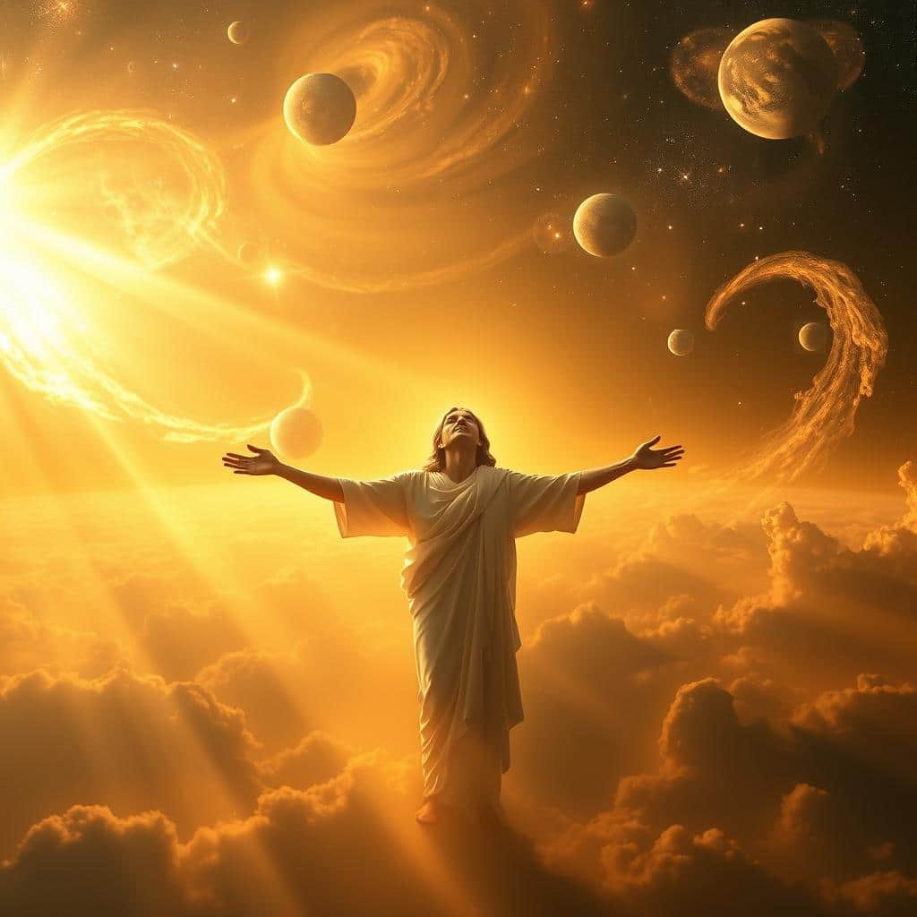 A vast cosmic landscape, bathed in a warm, golden glow. In the foreground, a serene figure, radiating compassion and love, with arms outstretched to embrace the world. Celestial bodies and swirling nebulae dance in the background, creating a sense of infinite wonder and divine majesty. Rays of light pierce through the cosmic veil, illuminating the scene with a transcendent brilliance. The composition evokes a profound sense of unity, as if all creation is connected by the boundless love of the divine. Soft, diffused lighting and a dreamlike atmosphere elicit a contemplative and reverent mood, inviting the viewer to experience the profound, universal love of God.