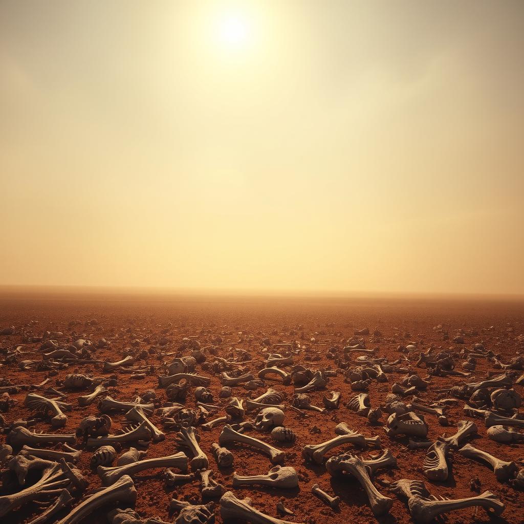 A vast desert landscape, the sun casting a warm glow over the arid terrain. In the foreground, a sprawling field of dry, lifeless bones scattered across the ground. A somber, eerie atmosphere permeates the scene. The middle ground reveals a dense fog, obscuring the horizon, lending an air of mystery. Beams of light pierce through the mist, illuminating the bones, hinting at the potential for resurrection. The background is a hazy, indistinct sky, adding to the sense of the supernatural. Subtle hints of movement and shifting shapes suggest the stirring of dormant life, as if the breath of God is about to breathe new vitality into the desolate scene.