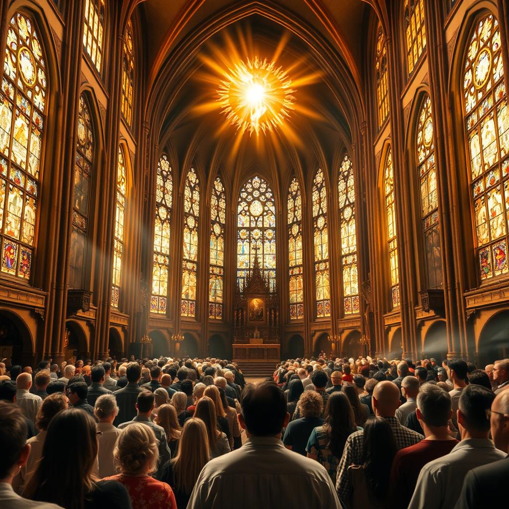A vast, ethereal cathedral interior, bathed in warm, golden light that streams through intricate stained-glass windows. In the foreground, a congregation of diverse individuals stand in awe, their faces illuminated by the Holy Spirit's divine presence, symbolized by tongues of fire hovering above them. The middle ground features a central altar, a focal point for the scene, while the background recedes into a hazy, dreamlike perspective, evoking a sense of transcendence and the divine. The overall composition and atmosphere convey the transformative power of Pentecost, the birth of the Church, and the unifying gift of the Holy Spirit.
