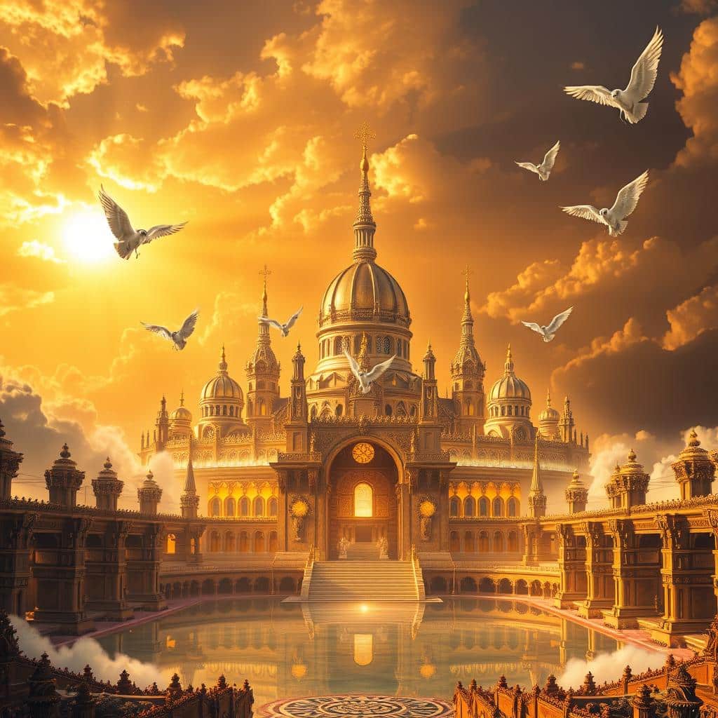 A vast, ethereal metropolis rises from the clouds, its towering spires and domes gleaming with an otherworldly radiance. The New Jerusalem, as described in the Book of Revelation, stands resplendent against a backdrop of a golden sky, bathed in a warm, heavenly light. Intricate, gemstone-encrusted walls surround the city, their foundations laid with precious stones. Amidst the grandeur, a serene, reflective pool mirrors the celestial splendor above. Angelic figures, their wings outstretched, hover protectively over the celestial city, guarding its eternal peace and splendor. This vision of the divine, heavenly realm, the pinnacle of God's creation, captures the promise of the New Jerusalem, a place of boundless hope and everlasting joy.