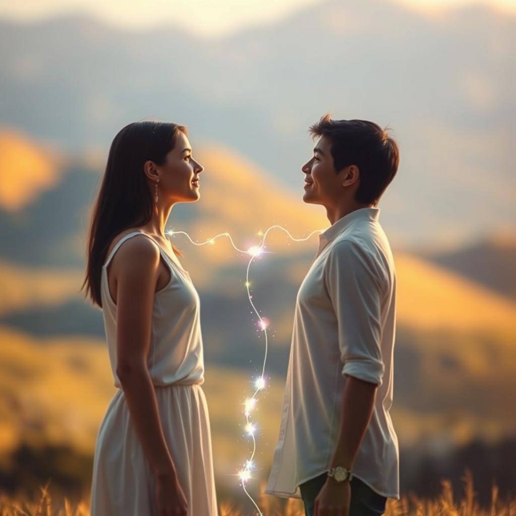 A vibrant, almost dreamlike scene of two individuals connected by a shimmering thread of energy, symbolizing the synchronistic bond between them. In the foreground, the figures stand facing each other, their eyes locked in a moment of profound understanding. Soft, warm lighting bathes the scene, creating an ethereal atmosphere. In the middle ground, the thread of energy pulses and undulates, linking the two people and hinting at the invisible forces that govern their lives. The background is a blurred, abstract landscape, suggesting the larger cosmic forces at play. The overall composition conveys a sense of harmony, balance, and the interconnectedness of all things.