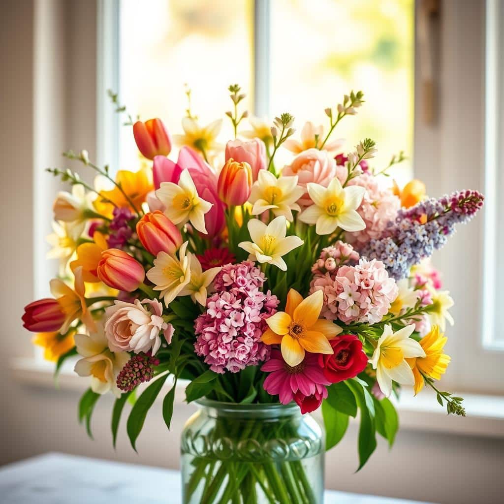 A vibrant and diverse bouquet of seasonal flowers in a rustic glass vase, arranged in a natural, asymmetrical composition. The flowers include a mix of tulips, daffodils, lilacs, and cherry blossoms in a range of colors from soft pastels to bold hues. The bouquet is illuminated by warm, natural light filtering through a window, creating a radiant, glowing effect. The background is blurred, emphasizing the beautiful blooms. The overall scene evokes a sense of freshness, renewal, and the joy of the changing seasons.