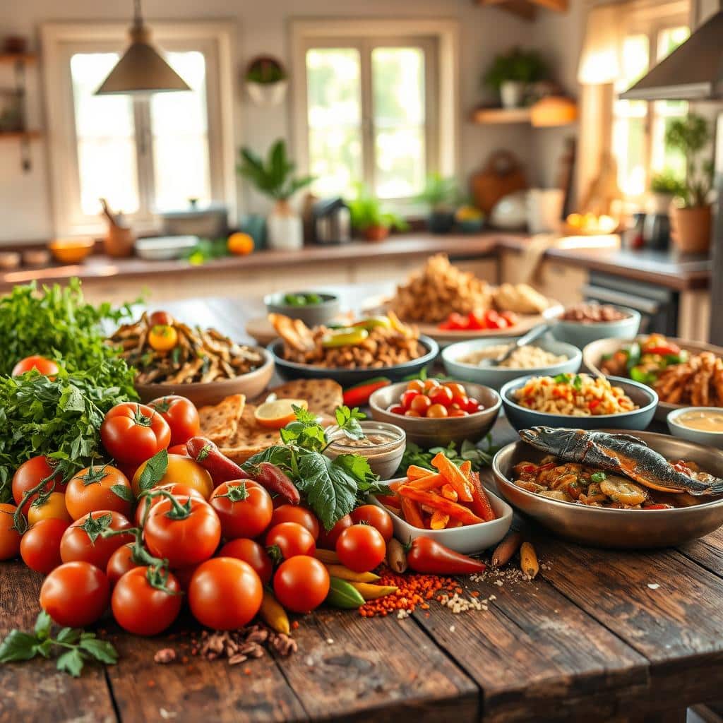 A vibrant and diverse collection of international summer recipes, artfully arranged on a rustic wooden table. In the foreground, an array of colorful ingredients and spices - fresh herbs, ripe tomatoes, aromatic spices, and sizzling seafood. In the middle ground, an assortment of traditional dishes from around the world, each with its own distinct flavors and textures. The background features a warm, sun-drenched kitchen, with natural light filtering through the windows, casting a soft, golden glow over the scene. The overall mood is one of culinary adventure, global inspiration, and the joyful celebration of summer's bounty.