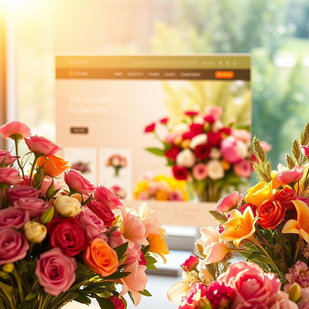 A vibrant and inviting online flower shop, bathed in warm, golden light. The foreground showcases an array of lush, colorful blooms - roses, lilies, peonies, and more - artfully arranged in sleek, modern vases. In the middle ground, a stylish, minimalist website interface with an intuitive layout and user-friendly navigation, allowing customers to easily browse and order their desired floral arrangements. The background reveals a serene, natural setting, with soft, out-of-focus greenery and a hint of a tranquil garden scene, evoking a sense of nature's beauty and the care taken in curating the online florist's offerings. Crisp, high-resolution, and professionally shot, this image exudes a sense of quality, trustworthiness, and a commitment to delivering a delightful online flower-buying experience.