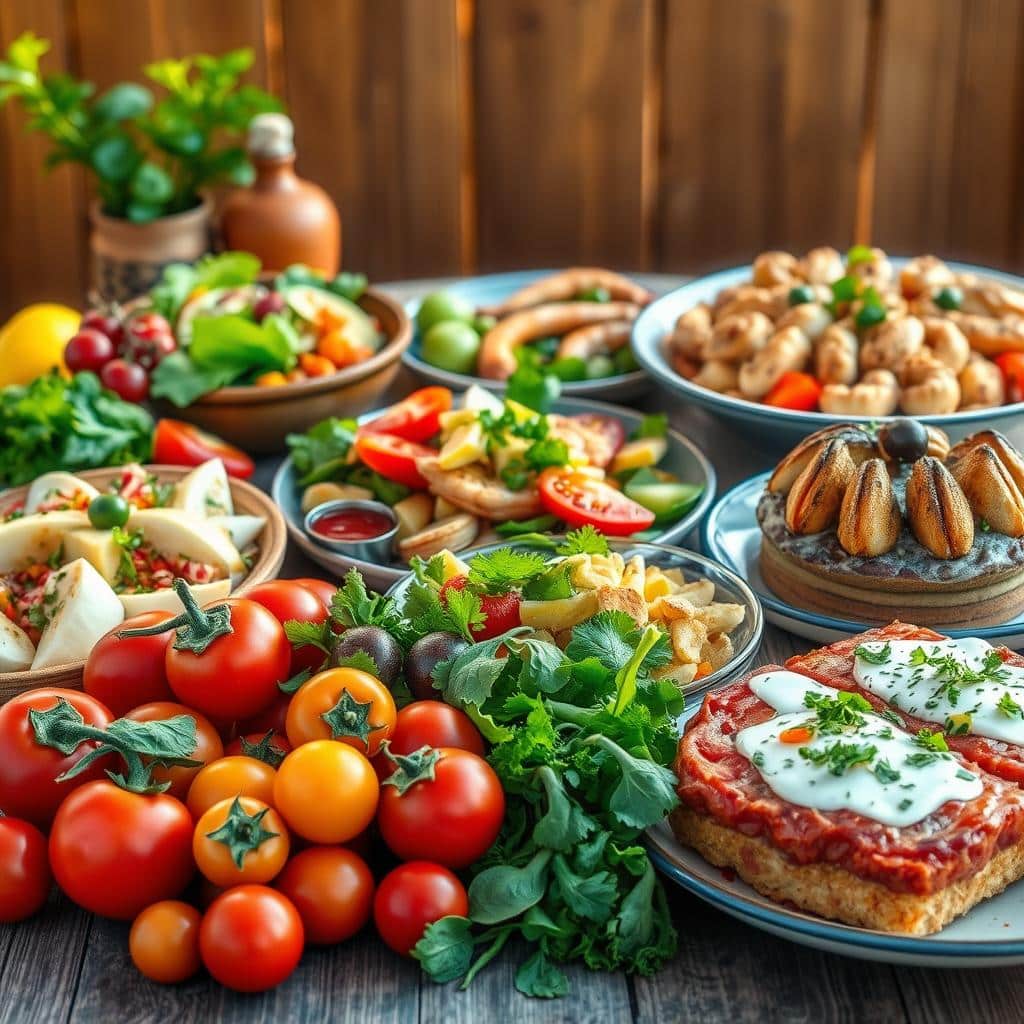 A vibrant and mouthwatering summer scene, showcasing a selection of popular and delectable seasonal recipes. In the foreground, a beautifully arranged spread of fresh, colorful ingredients such as ripe tomatoes, crisp greens, juicy fruits, and fragrant herbs. In the middle ground, an array of tempting dishes including a refreshing summer salad, a grilled seafood medley, and a decadent dessert bursting with seasonal flavors. The background features a rustic wooden table or countertop, bathed in warm, golden natural lighting, creating a welcoming and inviting atmosphere. The overall composition evokes a sense of joy, abundance, and the vibrant spirit of summertime cooking and entertaining.