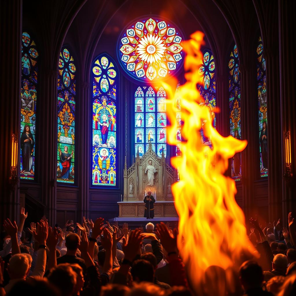 A vibrant and sacred scene of Pentecost Sunday, Cycle C liturgy unfolds. In the foreground, a dramatic burst of golden flames hovers above a congregation of faithful, their hands raised in worship. Intricate stained-glass windows bathe the middle ground in a kaleidoscope of colored light, casting an ethereal glow. In the background, a majestic altar stands tall, adorned with symbolic imagery that evokes the descent of the Holy Spirit. The atmosphere is one of reverence and spiritual awakening, as the faithful are ignited by the power of Pentecost.