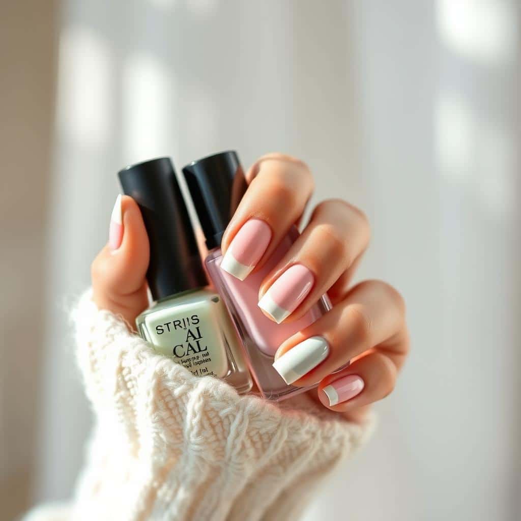 A vibrant and textured close-up shot of a feminine hand gently holding a variety of pastel-colored spring nail polish bottles. The nails are adorned with a modern interpretation of the classic French manicure, featuring soft, delicate pastel tips that gracefully blend into a sheer, natural base color. The lighting is soft and diffused, creating a luminous, ethereal atmosphere that enhances the springtime elegance of the scene. The composition focuses on the hands, with a blurred, out-of-focus background that suggests a serene, minimalist setting, allowing the nail art to take center stage.
