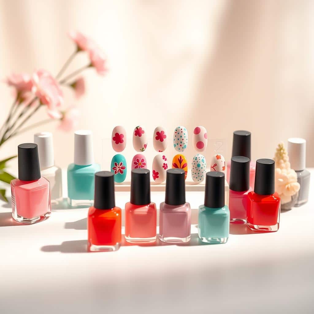 A vibrant and whimsical collection of spring-inspired DIY nail art designs against a soft, pastel background. In the foreground, a variety of nail polish bottles in cheerful hues sit atop a clean, white table, casting delicate shadows. The middle ground features a display of finished nails showcasing colorful floral patterns, dotted designs, and abstract shapes in shades of pink, mint, and lavender. The background is a serene, airy scene with a light, natural bokeh effect, evoking a sense of freshness and renewal. Warm, indirect lighting illuminates the scene, creating a cozy, inviting atmosphere. Captured with a shallow depth of field using a high-resolution macro lens to emphasize the intricate details of the nail art.