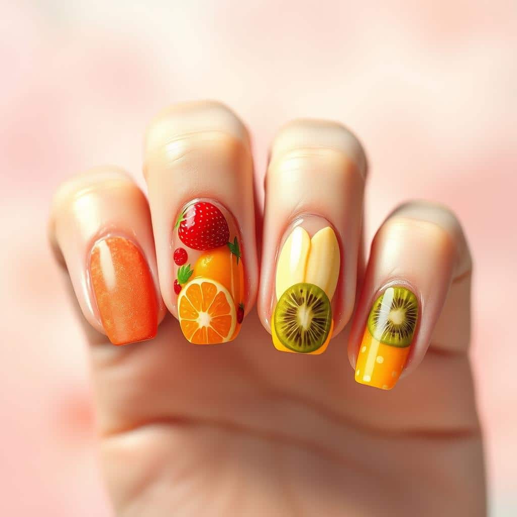 A vibrant array of freshly picked fruit elegantly adorns a set of meticulously manicured nails. Each nail showcases a unique, photorealistic design - luscious strawberries, juicy oranges, ripe bananas, and delicate kiwi slices. The nails are set against a softly blurred, pastel-hued background that evokes the warm, breezy ambiance of a spring day. Soft, directional lighting casts gentle shadows, accentuating the intricate details and lifelike textures of the fruit-inspired nail art. The overall composition radiates a sense of freshness, playfulness, and a touch of whimsical sophistication, perfectly capturing the essence of the "Fresh and Fruity: Fruit-Inspired Nail Art" theme.