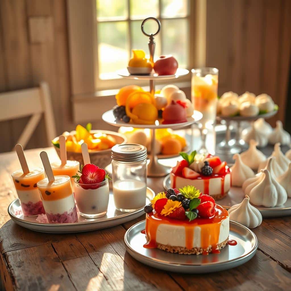 A vibrant array of summer desserts artfully arranged on a rustic wooden table, bathed in warm, golden natural light pouring through a nearby window. In the foreground, an assortment of chilled treats, including fresh fruit popsicles, creamy panna cotta with macerated berries, and a luscious no-bake cheesecake adorned with colorful edible flowers. The middle ground features an elegant tiered platter showcasing refreshing sorbet in vibrant citrus and tropical flavors. In the background, a selection of light and airy meringues, dressed with drizzles of fruit coulis and dusted with powdered sugar. The overall scene exudes a sense of effortless sophistication and the irresistible flavors of summer.