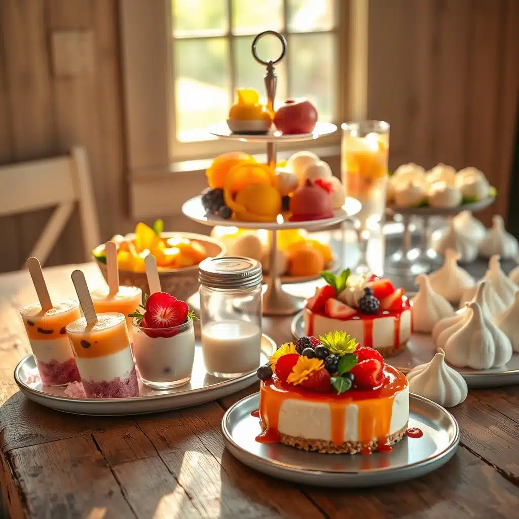 A vibrant array of summer desserts artfully arranged on a rustic wooden table, bathed in warm, golden natural light pouring through a nearby window. In the foreground, an assortment of chilled treats, including fresh fruit popsicles, creamy panna cotta with macerated berries, and a luscious no-bake cheesecake adorned with colorful edible flowers. The middle ground features an elegant tiered platter showcasing refreshing sorbet in vibrant citrus and tropical flavors. In the background, a selection of light and airy meringues, dressed with drizzles of fruit coulis and dusted with powdered sugar. The overall scene exudes a sense of effortless sophistication and the irresistible flavors of summer.