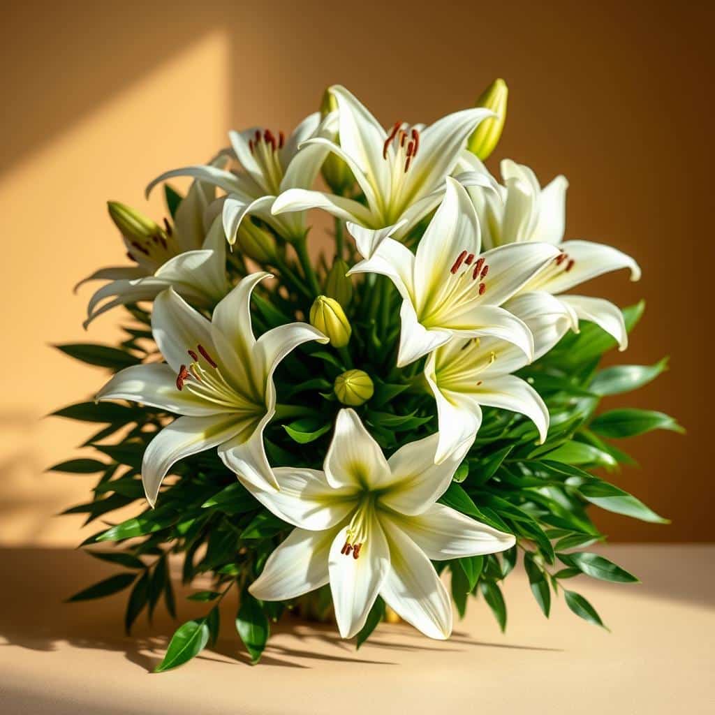 A vibrant bouquet of fragrant white lilies arranged with lush, verdant foliage. The flowers bloom against a soft, warm-toned background, their petals delicately unfurling to reveal their intoxicating scent. Dramatic shadows and highlights accentuate the dramatic, statuesque forms of the lilies, creating a sense of elegance and sophistication. The composition is balanced and visually captivating, drawing the viewer's eye to the captivating floral centerpiece. Captured with a medium depth of field and a soft, romantic lighting setup, the image exudes a sense of tranquility and natural beauty.