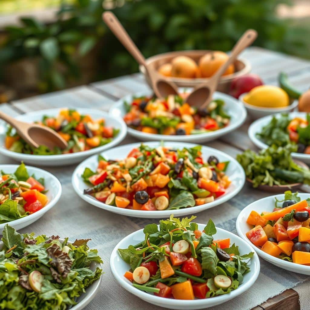A vibrant display of summer salads, captured in a soft, natural light. In the foreground, a variety of fresh greens, crisp vegetables, and juicy fruits artfully arranged on white ceramic dishes. Hues of green, red, orange, and yellow create a visually appealing palette. The middle ground features the salads being tossed with wooden utensils, showcasing the preparation process. In the background, a rustic wooden table, with a linen tablecloth, sets the stage for this al fresco dining scene. The atmosphere exudes a sense of freshness, simplicity, and the essence of a bountiful summer harvest.