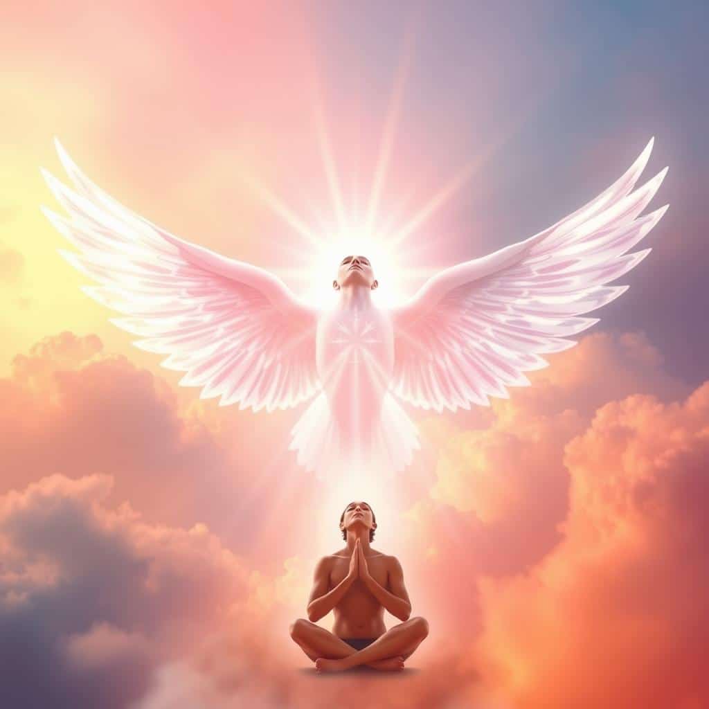 A vibrant, ethereal depiction of the holy spirit's divine guidance. In the foreground, a luminous, dove-like form radiates an aura of pure, celestial energy, its outstretched wings casting a warm, otherworldly glow. The middle ground features a serene, meditative figure basking in the spirit's celestial illumination, their face uplifted in reverence. The background is a hazy, subtly shifting realm of soft, pastel-hued clouds, infused with a sense of transcendent, spiritual tranquility. Warm, diffused lighting bathes the scene, creating an atmosphere of sacred, mystical wonder. Captured with a wide-angle lens to convey a sense of expansive, otherworldly vastness.