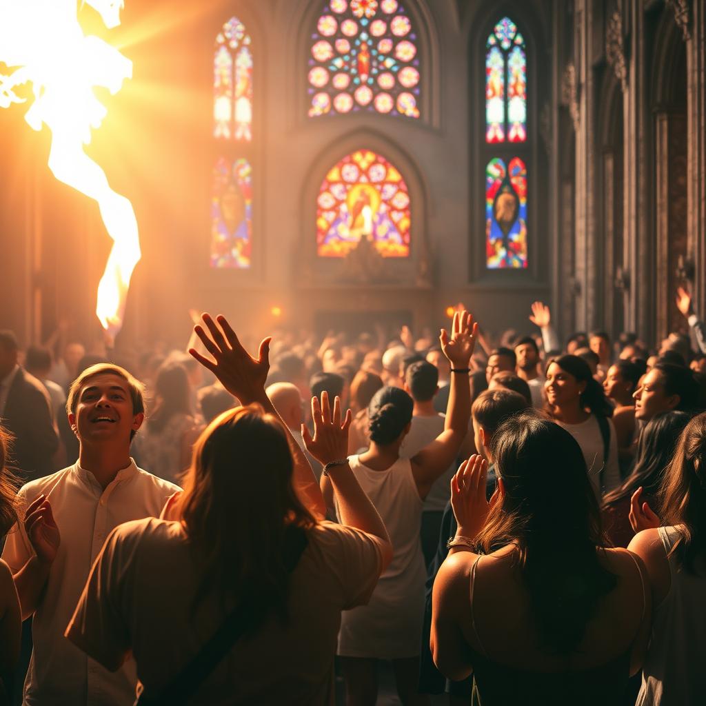 A vibrant, ethereal scene of Pentecost Sunday, Cycle C. In the foreground, a group of believers stand with hands raised, their faces illuminated by the warm glow of the Holy Spirit descending upon them. Tongues of fire dance and flicker above their heads, symbolizing the transformative power of the divine. In the middle ground, a diverse congregation gathers, their expressions reflecting a range of emotions - awe, reverence, and the stirrings of a renewed faith. The background features a grand cathedral, its stained-glass windows casting kaleidoscopic hues across the scene, creating an atmosphere of sacred wonder. Soft, diffused lighting imbues the entire composition with a sense of mysticism and spiritual awakening, inviting the viewer to witness the Fruits of the Spirit in a divided world.