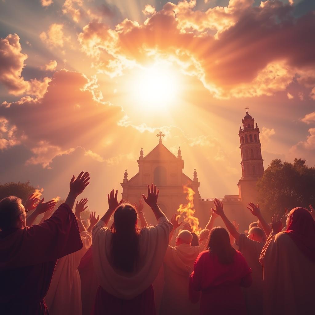 A vibrant, ethereal scene of Pentecost Sunday, Cycle C. In the foreground, flames of the Holy Spirit dance above a gathering of believers, their faces aglow with reverence and awe. Billowing robes and outstretched hands convey a sense of joyous worship. The middle ground features a dramatic, sunlit sky, with rays of light piercing through swirling clouds. In the background, a towering, ancient church stands as a testament to the enduring power of the Pentecost. The composition evokes a sense of divine revelation, as if the viewer is witnessing the very moment the Holy Spirit descended upon the faithful. Warm, saturated tones and a soft, hazy atmosphere lend an ethereal, almost mystical quality to the scene.