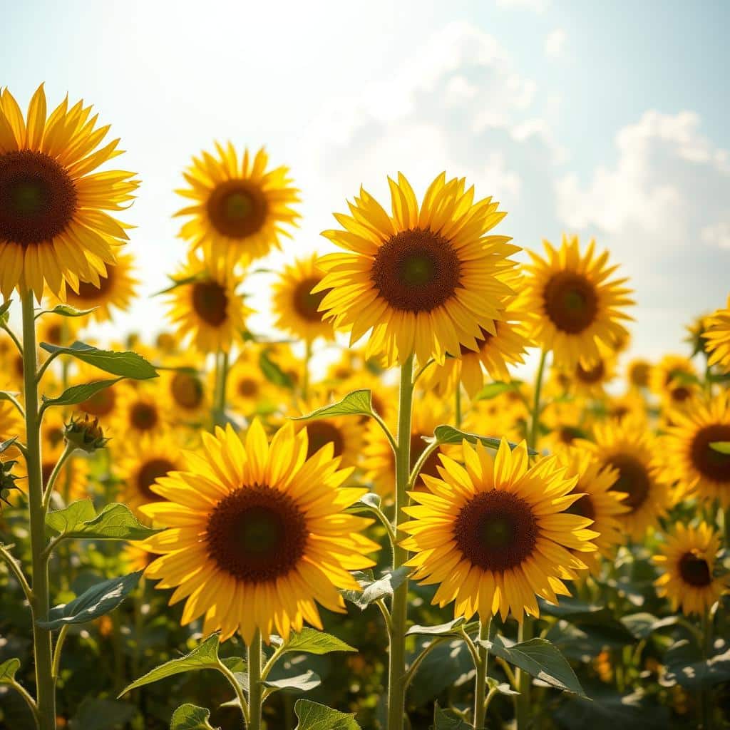 A vibrant field of sunflowers basking in warm, golden sunlight. Towering stems supporting large, radiant blooms with velvety petals that seem to glow from within. In the middle ground, a few flowers face different directions, capturing the dynamic movement of the scene. In the background, a hazy blue sky with fluffy white clouds creates a sense of calm and tranquility. The lighting is soft and diffused, accentuating the sunflowers' natural beauty and conveying a feeling of joy and positivity. Captured with a wide-angle lens to showcase the expansive, picturesque landscape.